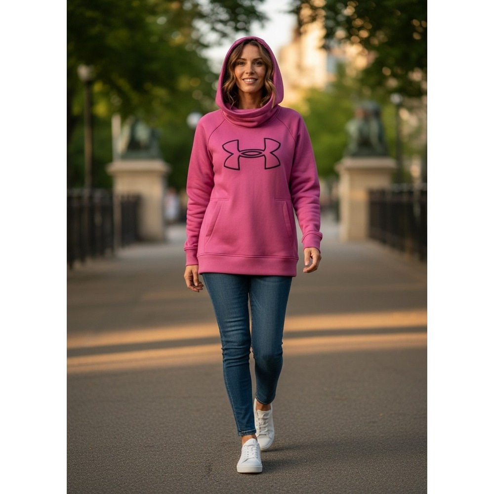 Under Armour Womens ColdGear Pink Funnel Neck Pullover Hoodie Loose Fit Large